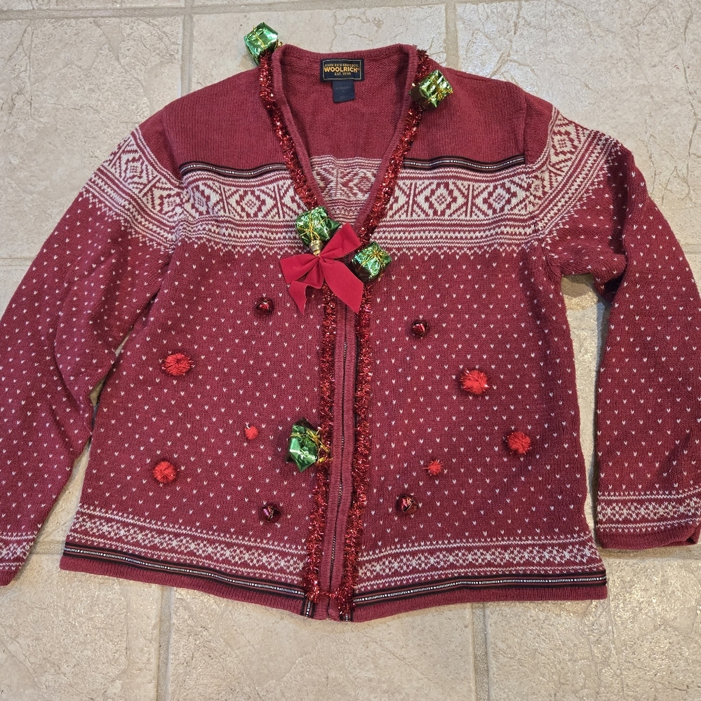 Upcycled Christmas Cardugan Red Fair Iale M-L Bows N Bells Woolrich